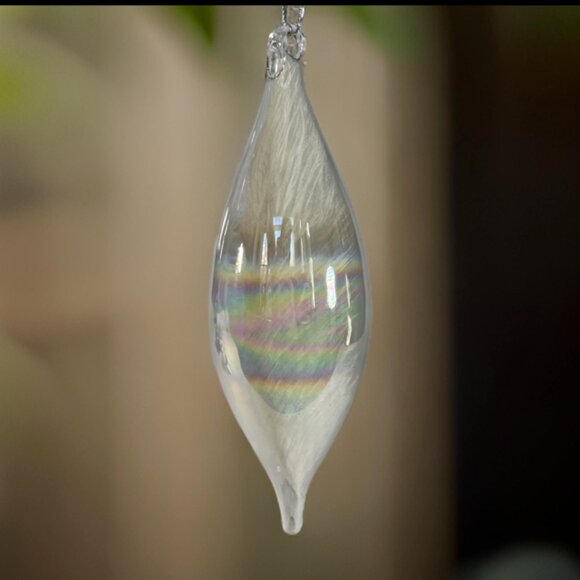 Large Vintage Blown Clear Iridescent Glass Ornament with Feather 9" Tall - Picture 3 of 8